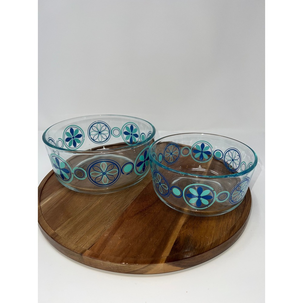 Pyrex Blue Mod Flowers Glass Bowls Set of 2 Vintage Retro MCM Teal Cobalt‎